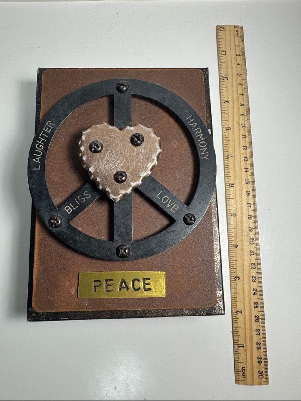 Rustic metal Peace Wall Decor Plaque with Heart Accent harmony bliss laughter